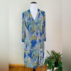 BCBG Max Azria Blue Yellow Floral Leaf Print 3/4 Sleeve Wrap Dress S Stretchy